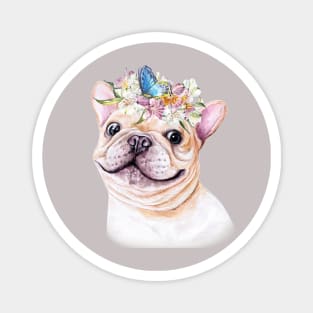 Cute French Bulldog Puppy with Butterfly and Flowers Illustration Art Magnet